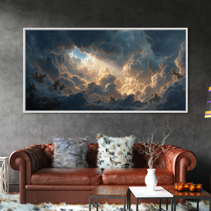 Celestial Riders In Storm Clouds Framed Canvas Print, Epic Fantasy Wall Art, Mythological Sky Painting, Dramatic Decor, Unique Gift