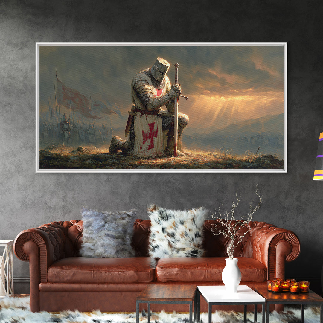 Kneeling Templar Knight Battlefield Wall Art, Medieval Crusader Framed Canvas Print, Dark Fantasy Decor, Christian Warrior Art