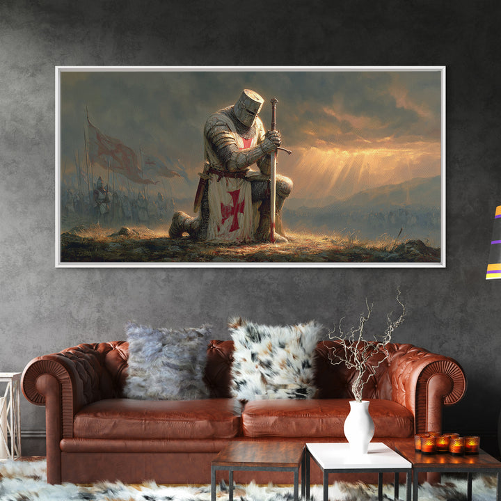 Kneeling Templar Knight Battlefield Wall Art, Medieval Crusader Framed Canvas Print, Dark Fantasy Decor, Christian Warrior Art