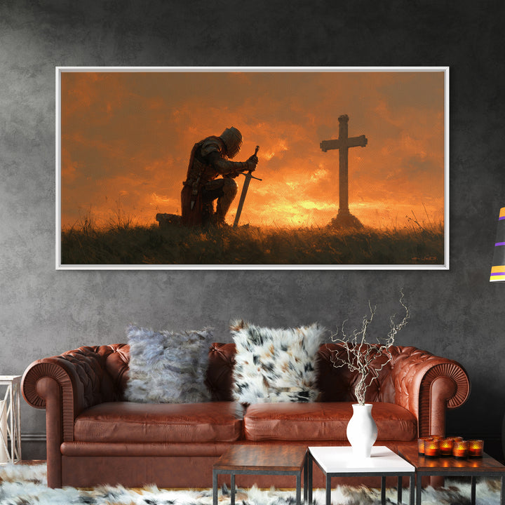 Kneeling Knight Before Cross Canvas Print, Christian Wall Art, Medieval Prayer Home Decor, Bible Verse Inspired Gift For Him