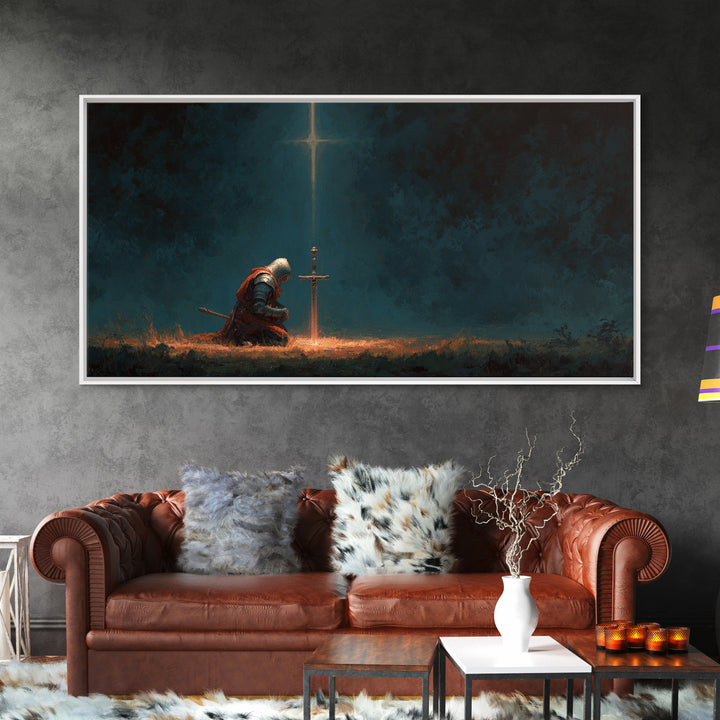 Kneeling Knight Before Cross Canvas Print, Christian Wall Art, Dark Fantasy Decor, Prayer Room Art, Medieval Office Decor