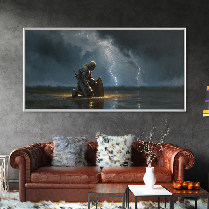 Kneeling Knight In Storm Framed Canvas Print, Dark Fantasy Wall Art, Lightning Rain Medieval Decor, Gothic Gift For Him, Office Decor