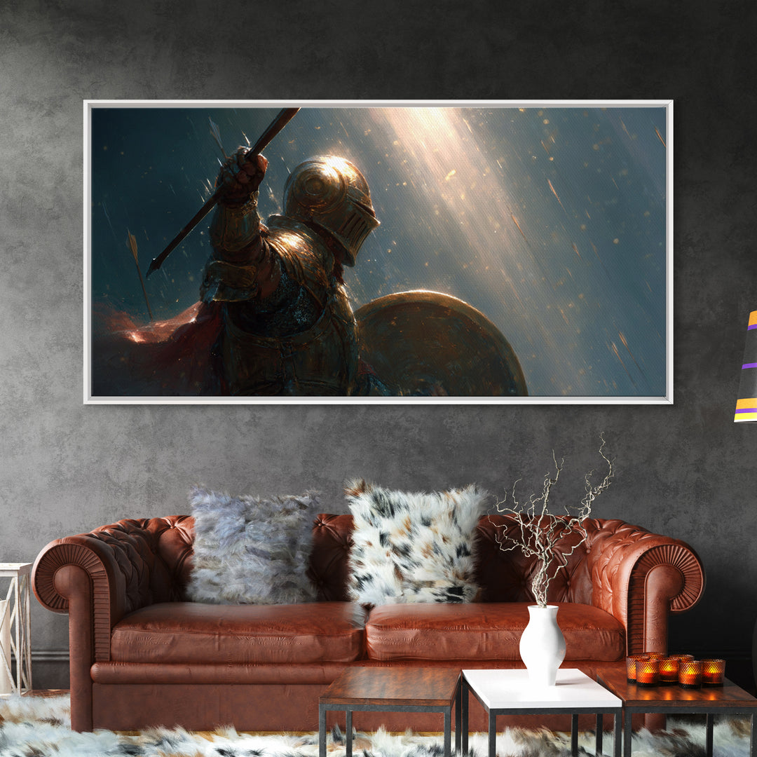 Armored Knight In Rain With Spear Wall Art, Medieval Fantasy Canvas Print, Dark Warrior Decor, Epic Gothic Artwork Gift Idea