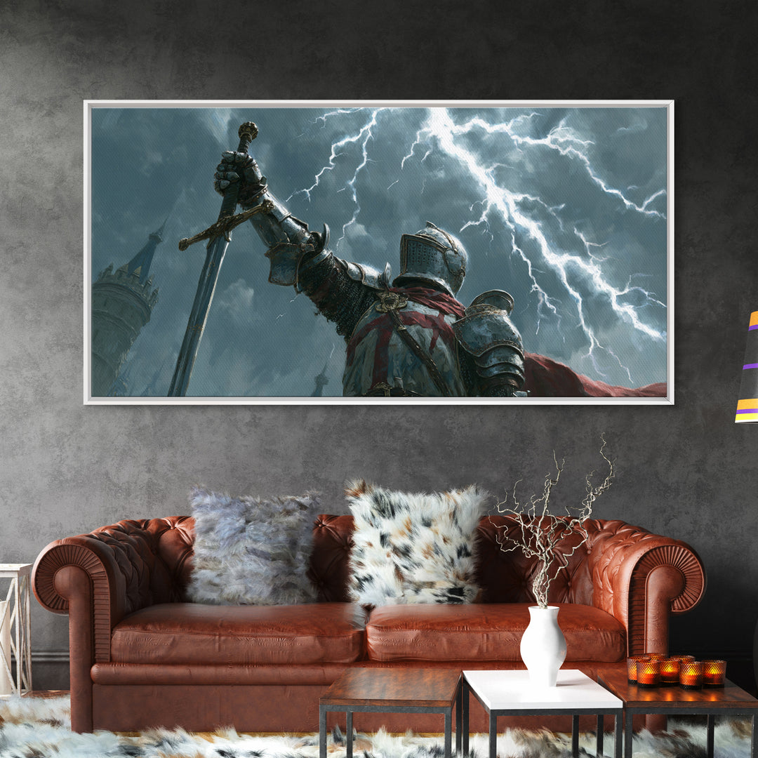 Storm Knight Raising Sword Canvas Print, Medieval Warrior Lightning Scene, Dark Fantasy Wall Art, Gaming Room Decor, Gift For Him