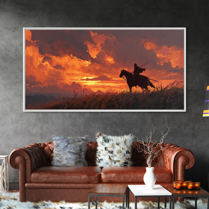 Lone Horseman At Fiery Sunset Wall Art, Western Cowboy Canvas Print, Rustic Landscape Decor, Masculine Office Gift For Him