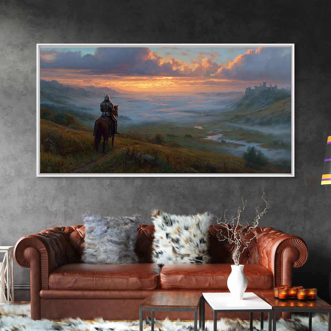 Lone Knight Over Misty Castle Valley Framed Canvas Print, Fantasy Wall Art For Gaming Room Decor And Medieval Adventure Home Decor