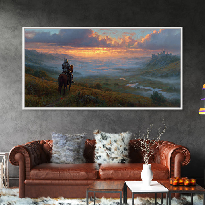 Lone Knight Over Misty Castle Valley Framed Canvas Print, Fantasy Wall Art For Gaming Room Decor And Medieval Adventure Home Decor
