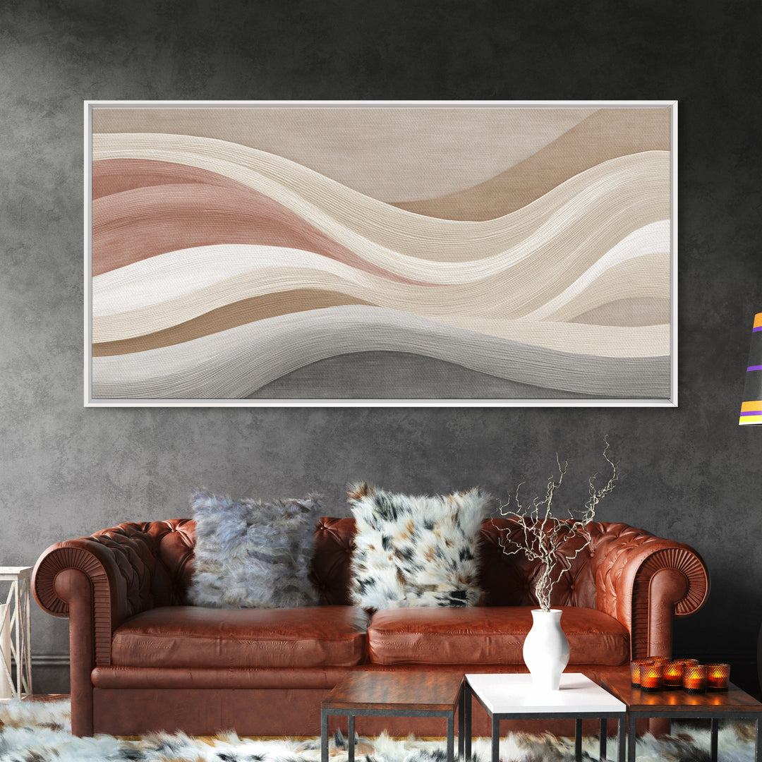 Neutral Wavy Abstract Wall Art, Terracotta Taupe Lines, Minimalist Canvas Print, Modern Living Room Decor, Above Sofa Art