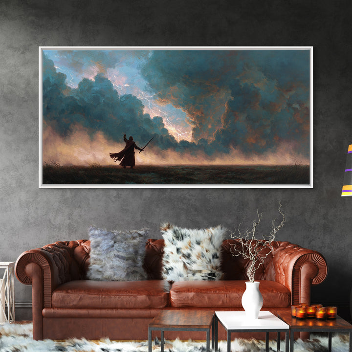 Lone Swordsman Under Storm Clouds Canvas Print, Dark Fantasy Landscape Wall Art, Moody Warrior Decor, RPG Gift For Gamer