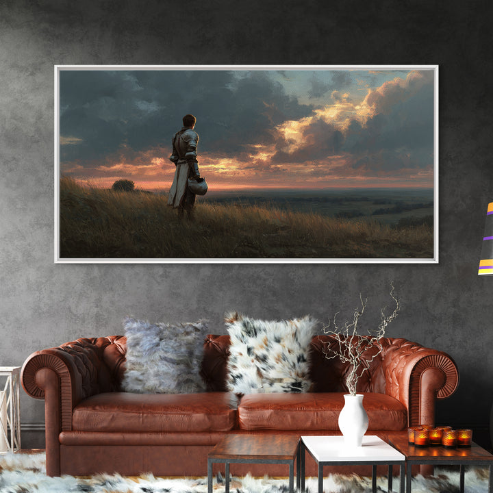 Solitary Knight At Sunset Framed Canvas Print, Medieval Fantasy Landscape Wall Art, Dramatic Medieval Home Decor Gift For Him