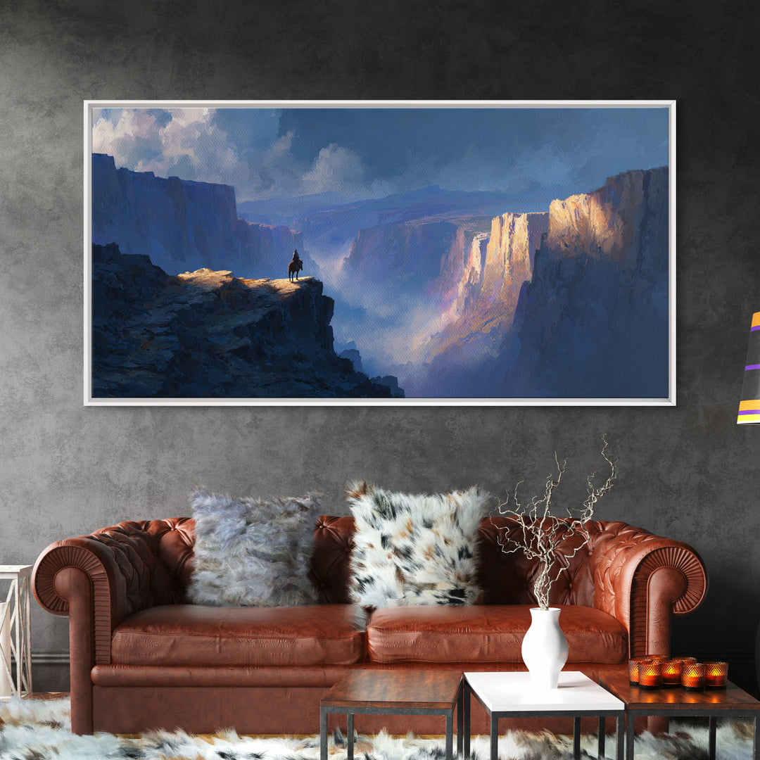 Lonely Rider On Blue Canyon Cliff Wall Art, Fantasy Landscape Canvas Print, Western Decor, Large Statement Artwork For Office