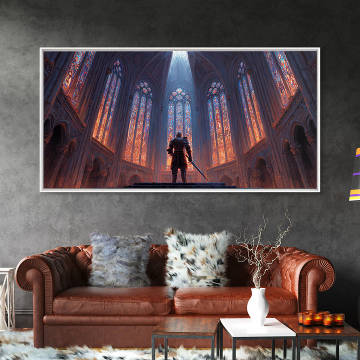 Gothic Cathedral Knight Wall Art, Stained Glass Framed Canvas Print, Medieval Fantasy Decor, Dark Academia, Statement Art