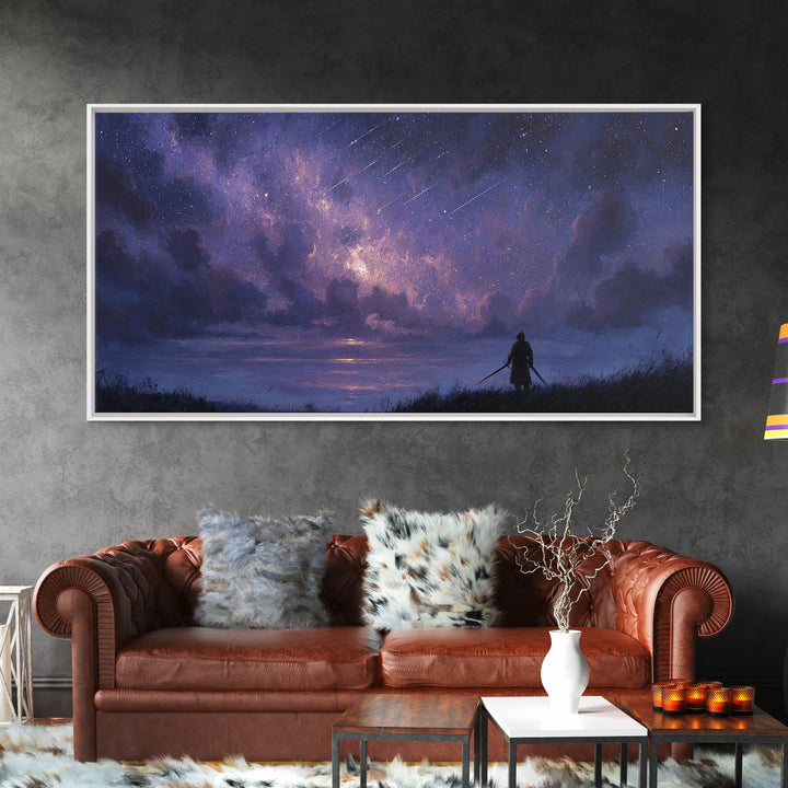Lone Warrior Beneath Meteor Star Sky Wall Art, Fantasy Landscape Print, Celestial Decor, Gamer Room Canvas Print For Bedroom Decor