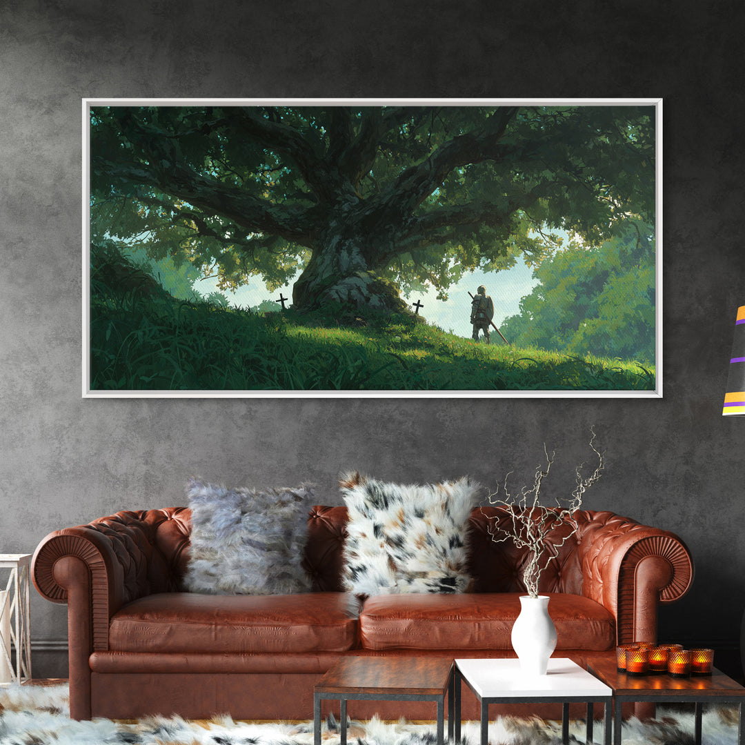 Ancient Oak With Lone Knight Wall Art, Enchanted Forest Canvas Print, Fantasy Landscape For Rustic Home Decor And Nursery Decor