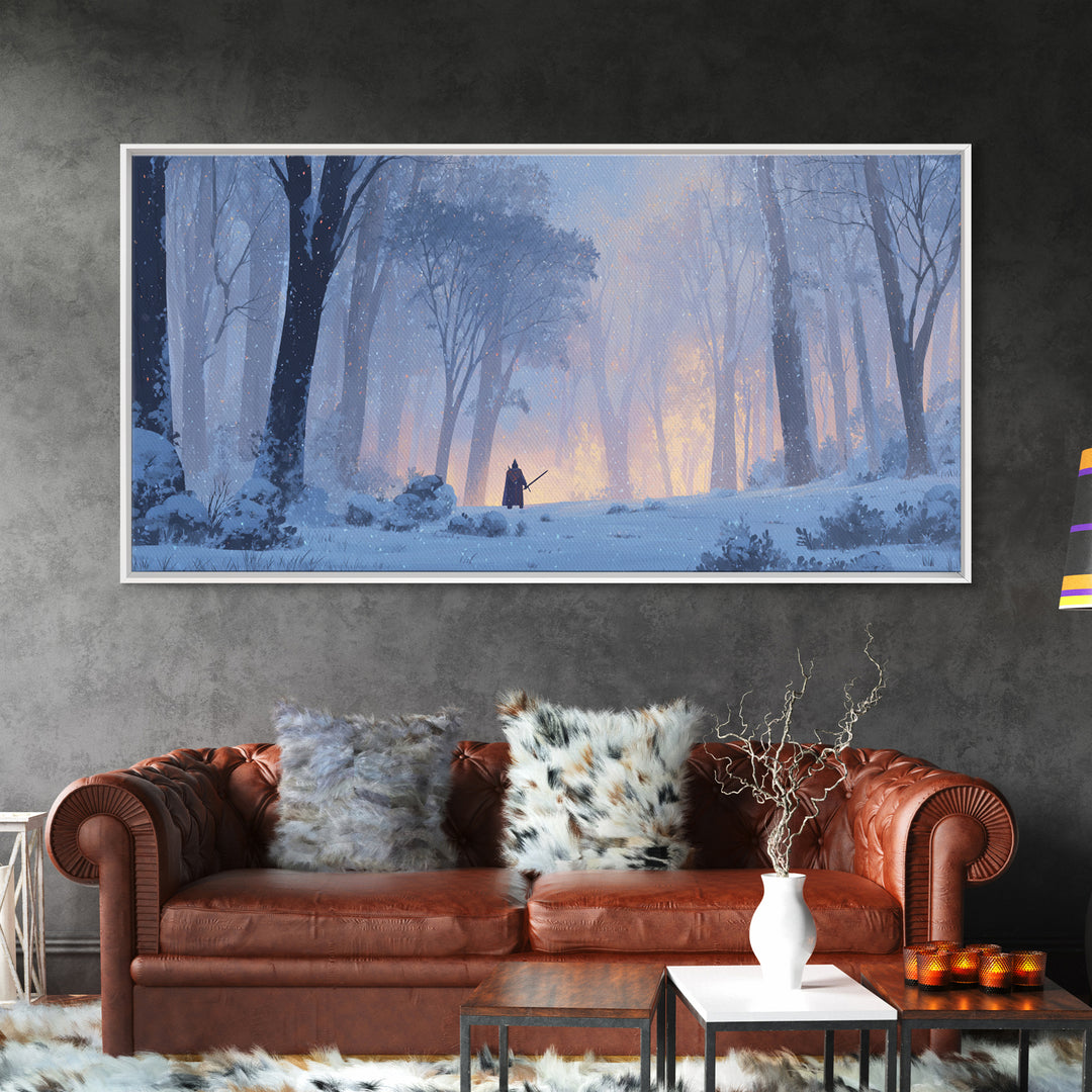 Lone Warrior In Snowy Forest Wall Art, Winter Fantasy Landscape Painting, Moody Woodland Decor, Adventure Canvas Print Gift