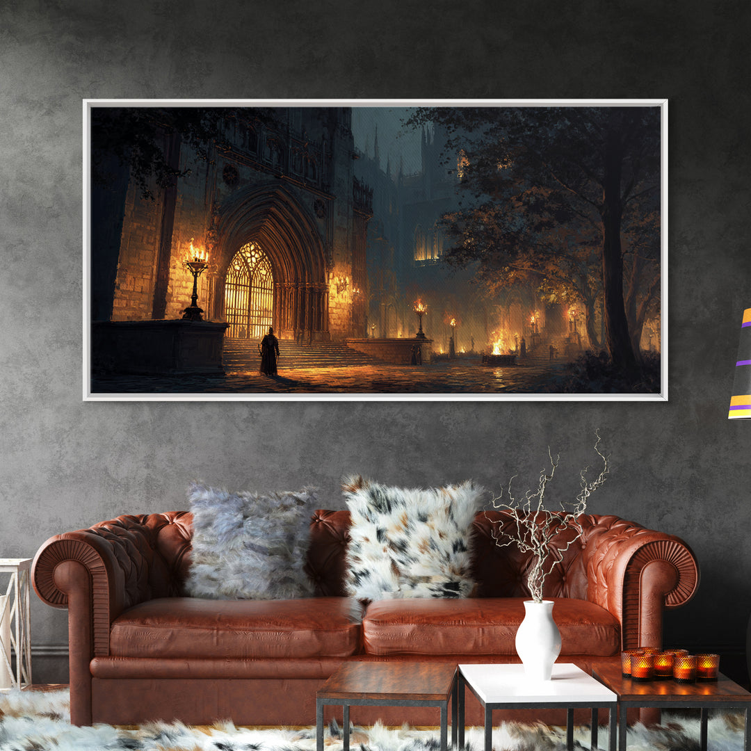 Gothic Cathedral Night Wall Art, Dark Academia Framed Canvas Print, Moody Architecture Poster, Victorian Office Decor, Gift