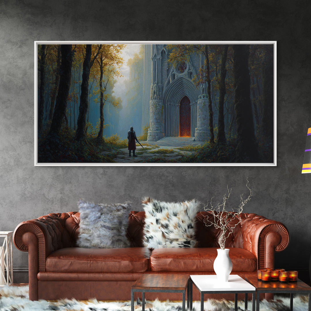 Gothic Forest Cathedral Doorway With Lone Knight Wall Art, Dark Academia Decor, Fantasy Landscape, Large Canvas Print For Bedroom