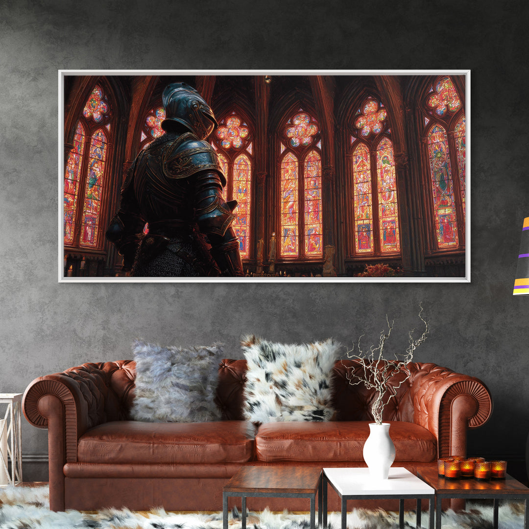 Knight In Stained Glass Cathedral Wall Art, Gothic Medieval Canvas Print, Dark Academia Decor, Fantasy Castle Painting, Church Art
