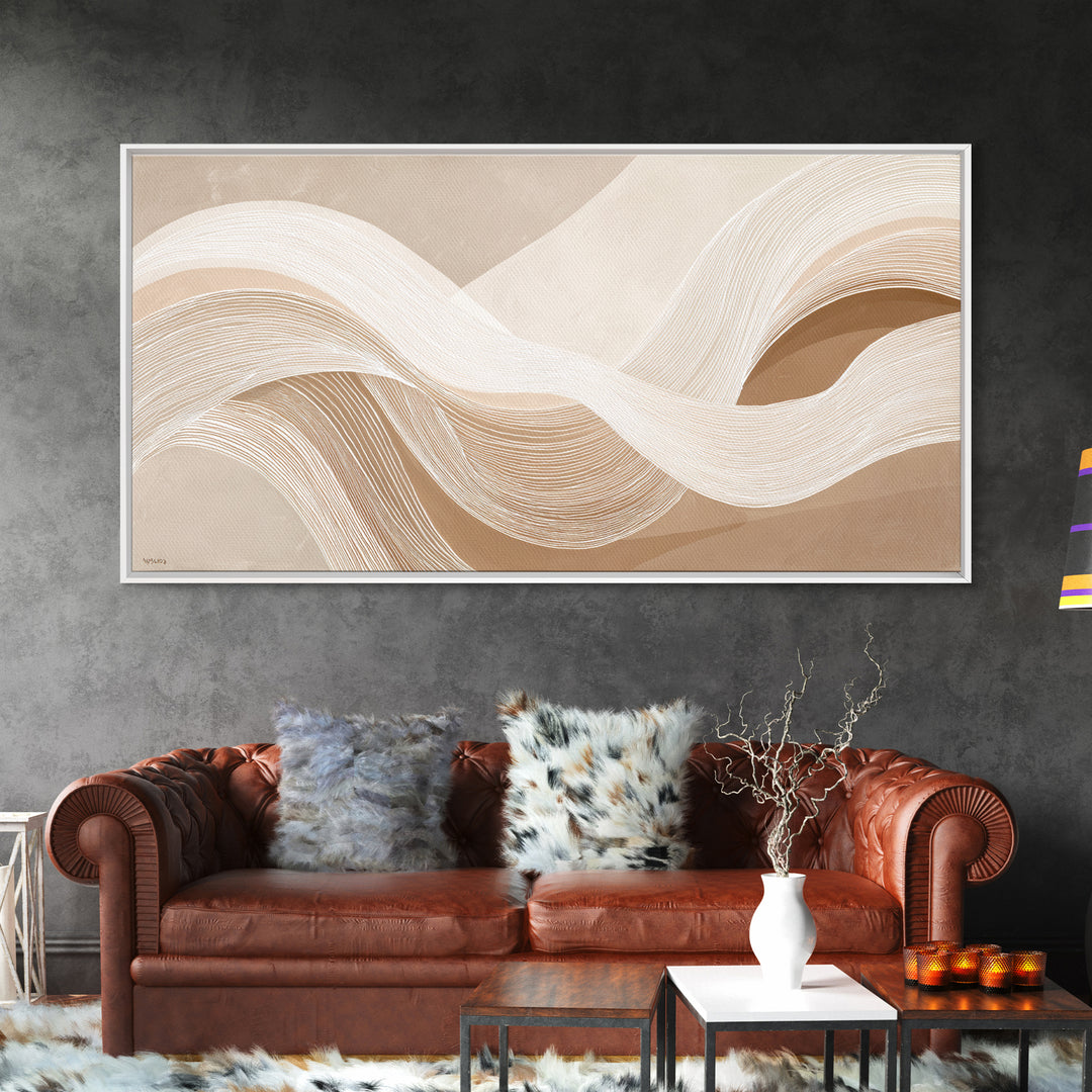 Cream Topographic Wave Framed Canvas Print, Beige Abstract Wall Art, Organic Modern Decor, Neutral Living Room Wall Decor