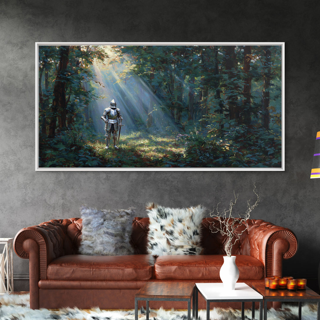 Knight In Sunlit Enchanted Forest Canvas Print, Fantasy Wall Art, Medieval Landscape Art For Office Decor And Gifts For Him