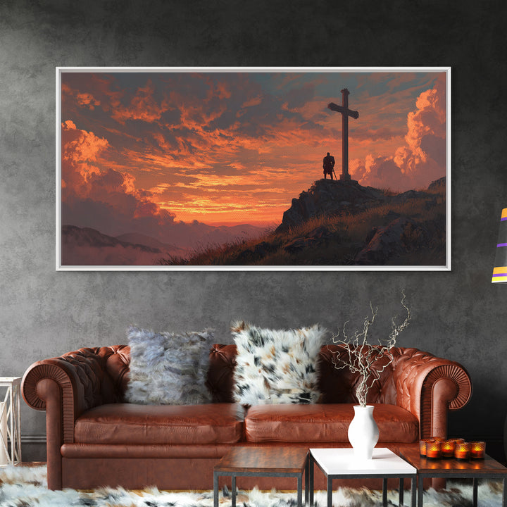 Fiery Sunset Cross On Mountain Ridge Wall Art, Christian Landscape Canvas Print, Spiritual Home Decor, Prayer Room Gift Idea