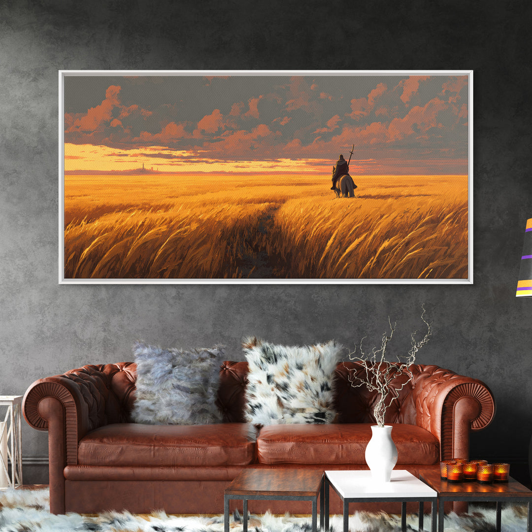 Lone Warrior In Golden Wheat Canvas Print, Sunset Fantasy Landscape Art, Western Rider Decor, Gift For Him, Rustic Home Decor