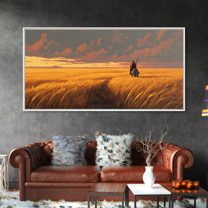 Lone Warrior In Golden Wheat Canvas Print, Sunset Fantasy Landscape Art, Western Rider Decor, Gift For Him, Rustic Home Decor