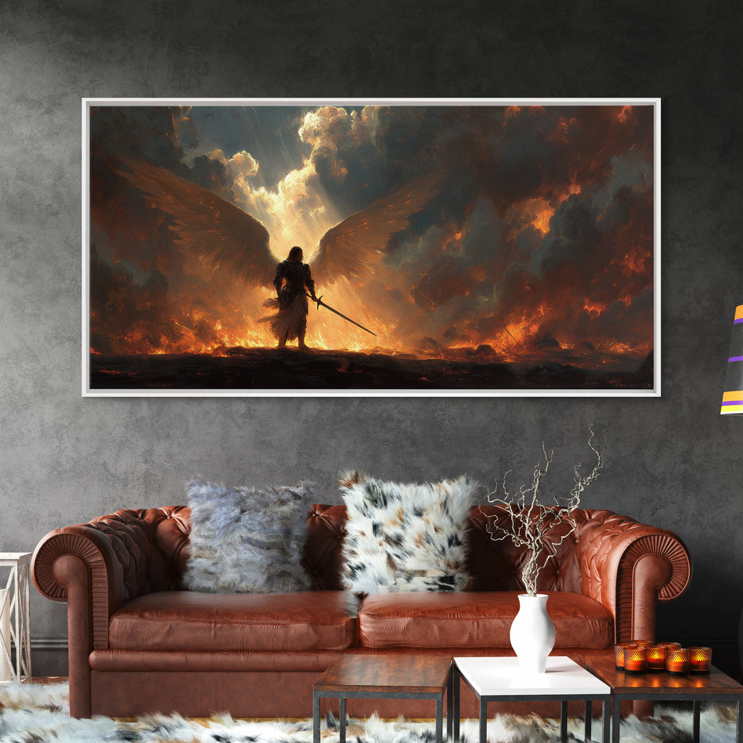 Warrior Angel With Flaming Wings Canvas Print, Dark Fantasy Wall Art, Epic Spiritual Decor, Gothic Battle Gift Idea For Him
