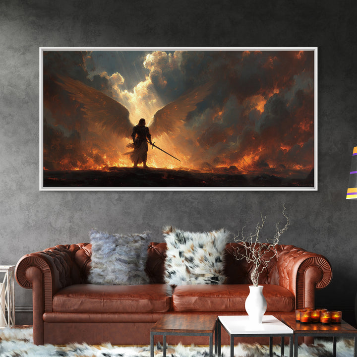 Warrior Angel With Flaming Wings Canvas Print, Dark Fantasy Wall Art, Epic Spiritual Decor, Gothic Battle Gift Idea For Him