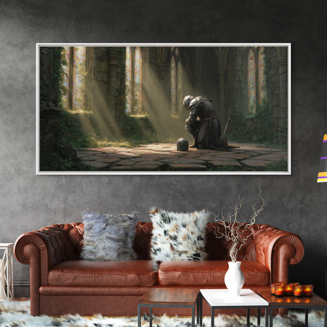 Knight In Sunlit Gothic Ruins Framed Canvas Print, Medieval Fantasy Wall Art, Dark Academia Decor, Large Living Room Art