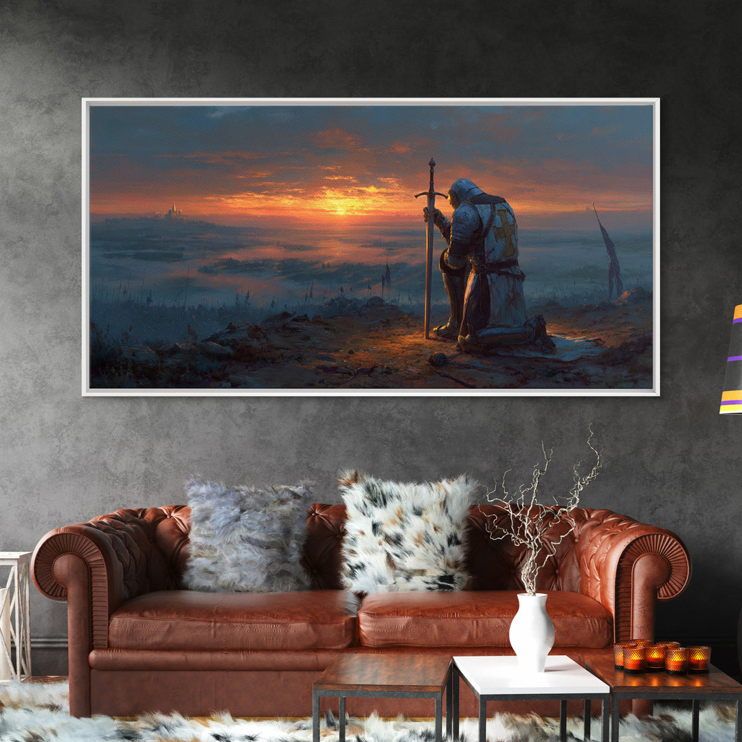 Kneeling Knight At Sunset Wall Art, Medieval Fantasy Landscape Canvas, Epic Castle Decor, Dark Academia Gift For Him, Living Room Decor