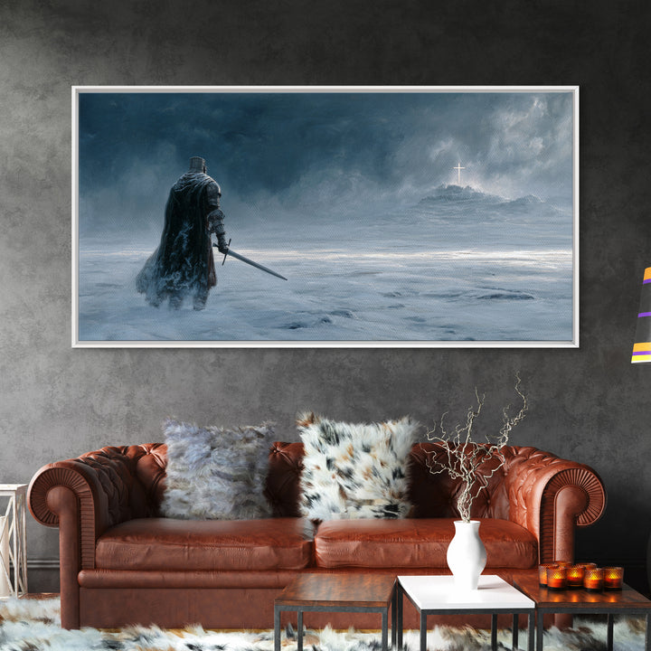 Dark Knight Crossing Icy Wasteland Wall Art, Fantasy Landscape Canvas Print, Gothic Home Decor, Moody Office Decor Gift For Him