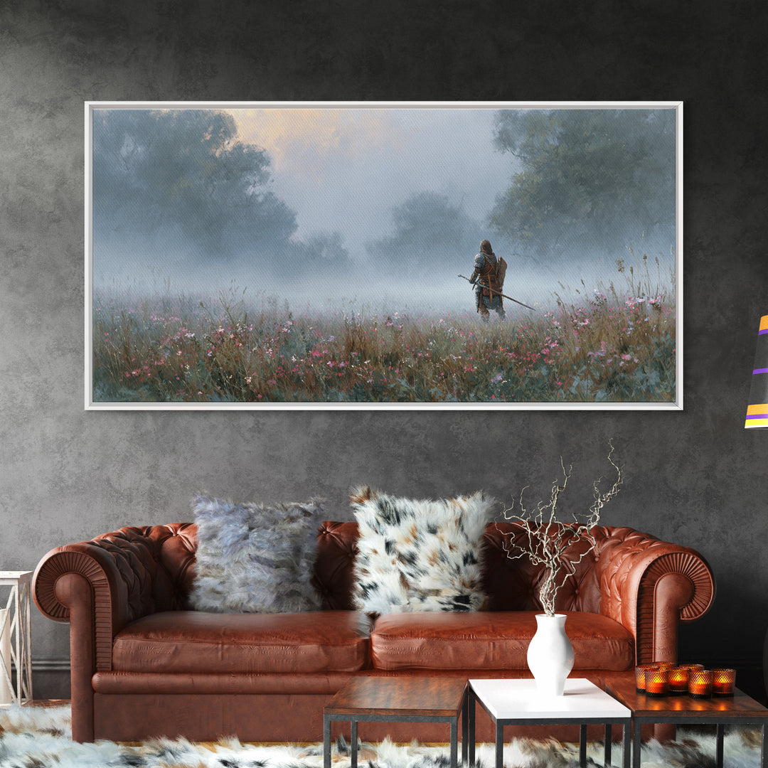 Misty Warrior In Wildflower Meadow Wall Art, Fantasy Landscape Canvas, Moody Nature Print, Large Living Room Decor Gift For Her