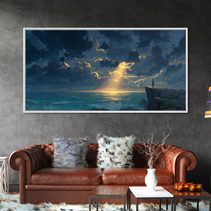 Lone Figure On Ocean Cliff Canvas Print, Dramatic Seascape Landscape Art, Coastal Wall Decor For Peaceful Living Room Home