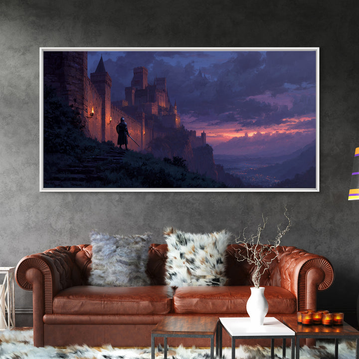 Twilight Castle Knight Fantasy Wall Art, Medieval Landscape Canvas, Gothic Home Decor, Fantasy Art Print, Gift For Him, Office Decor