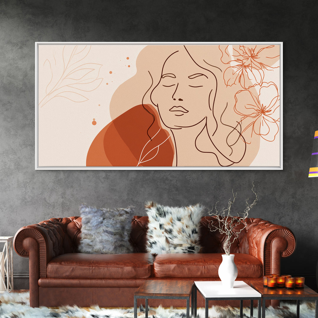 Terracotta Woman Line Art Canvas Print, Floral Feminine Wall Art, Boho Bedroom Decor, Abstract Portrait Gift For Her, Modern Home Decor