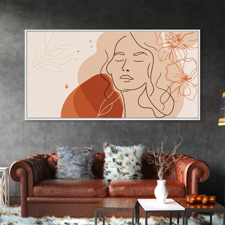 Terracotta Woman Line Art Canvas Print, Floral Feminine Wall Art, Boho Bedroom Decor, Abstract Portrait Gift For Her, Modern Home Decor