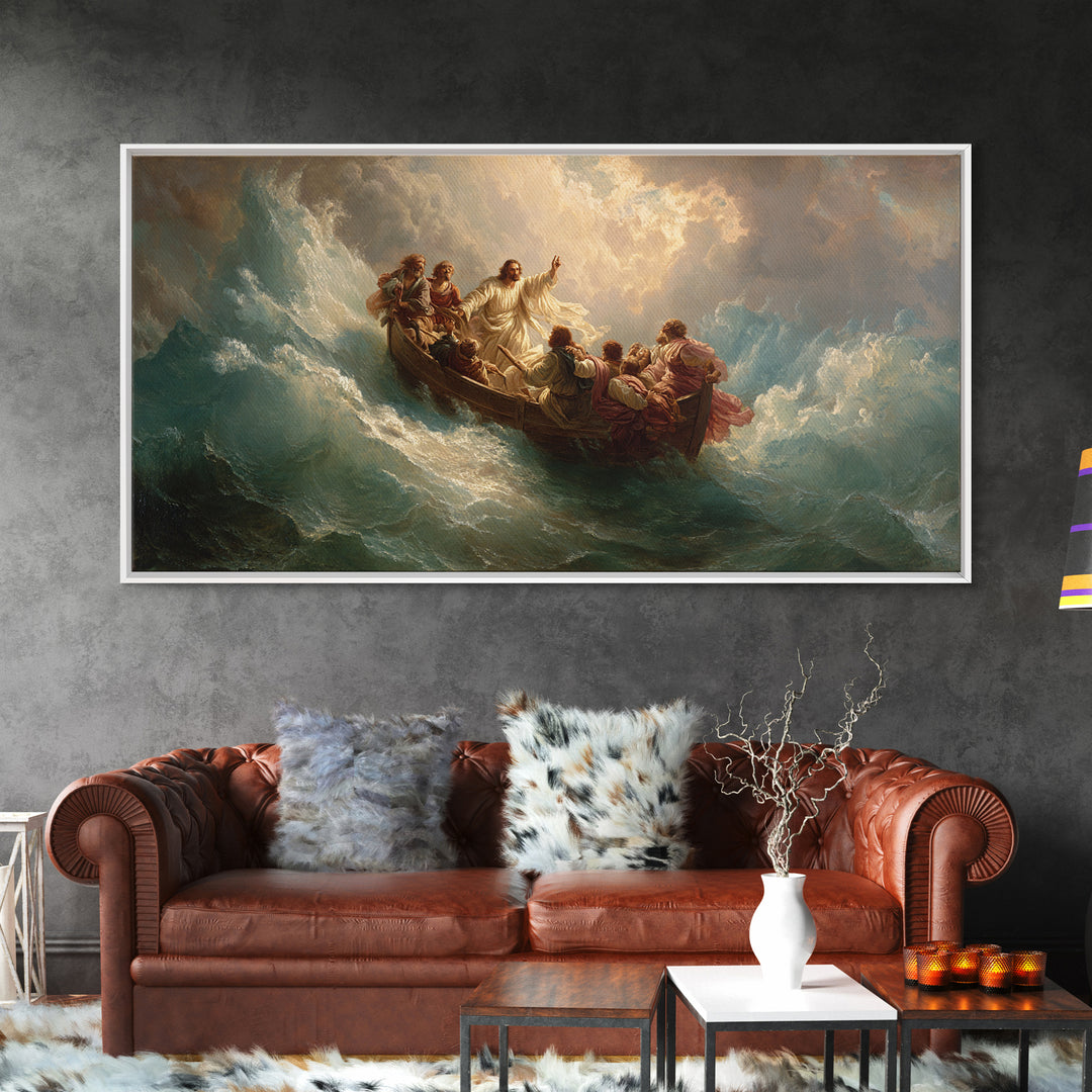 Jesus Calming The Storm At Sea Wall Art, Christian Boat Painting, Biblical Ocean Canvas, Religious Home Decor Gift, Church Decor
