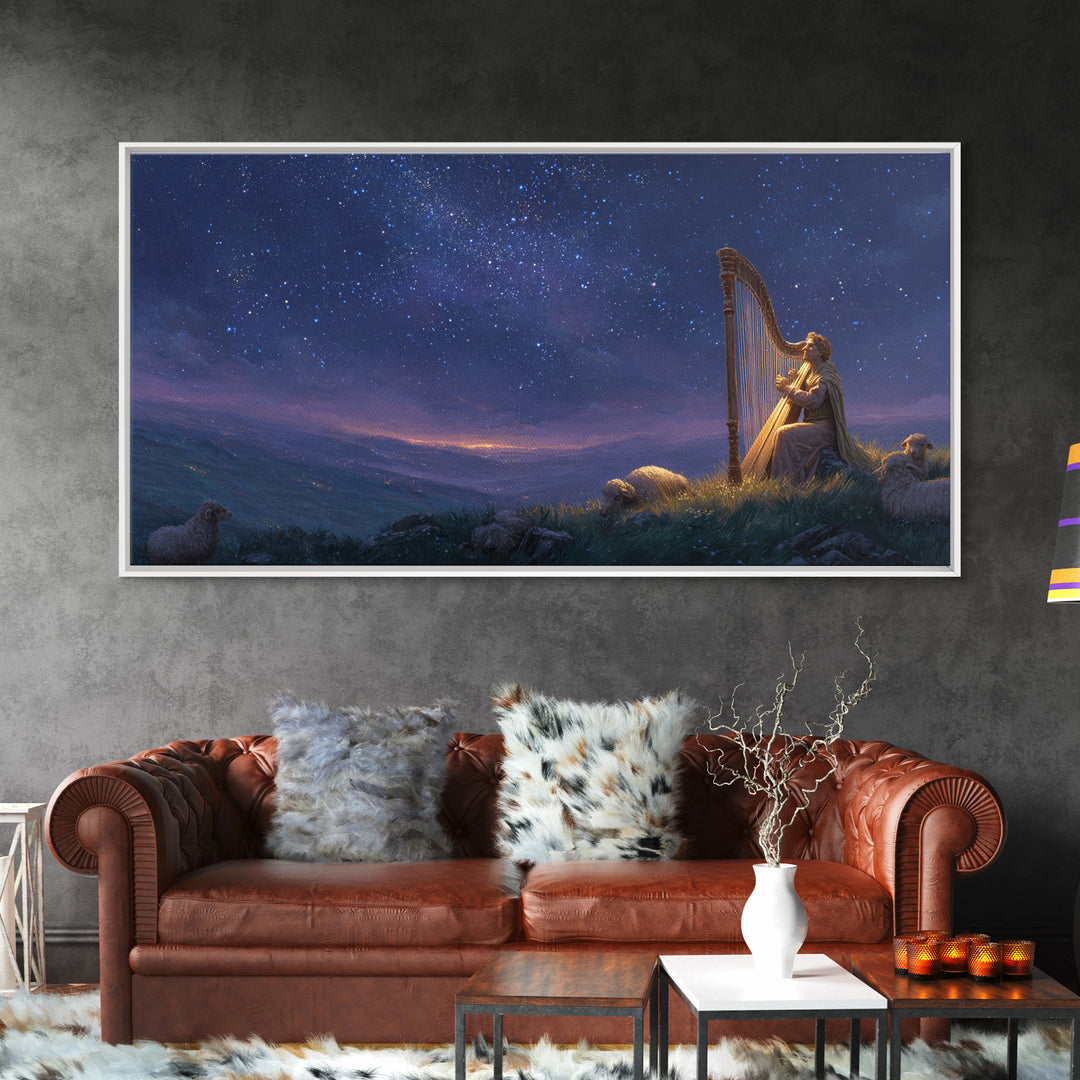 Shepherd Playing Harp Under Stars Wall Art, Biblical Canvas Print, Peaceful Night Landscape Decor For Bedroom And Nursery