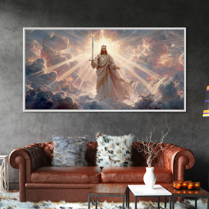 Radiant Heavenly King Canvas Print, Christian Wall Art, Divine Sword And Clouds, Spiritual Fine Art For Prayer Room Decor