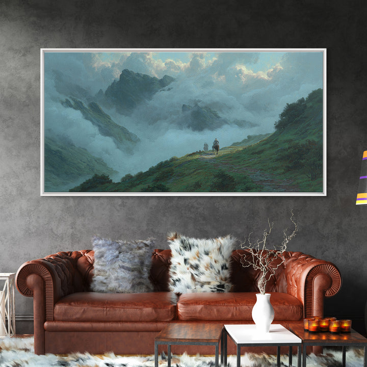 Misty Mountain Path Landscape Wall Art, Moody Nature Canvas Print, Alpine Hiking Decor, Large Living Room Wall Decor Gift