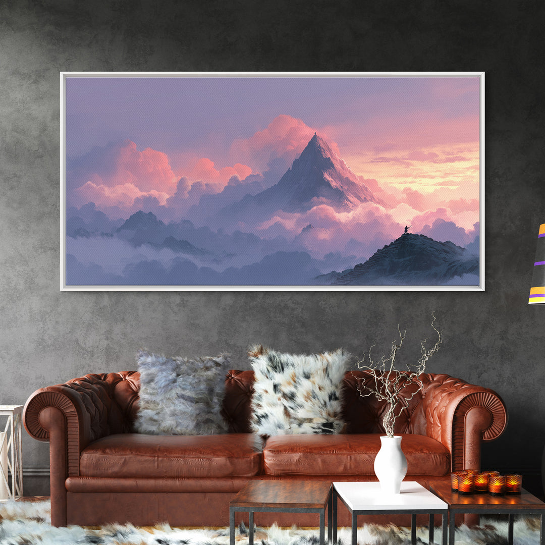 Pink Cloud Mountain Summit Canvas Print, Fantasy Landscape Wall Art, Nature Wall Decor, Adventure Art, Calming Bedroom Decor
