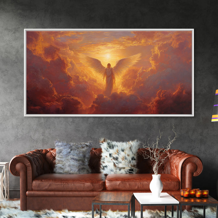 Radiant Angel In Golden Clouds Wall Art, Spiritual Christian Canvas, Celestial Painting, Inspirational Home Decor Gift For Her