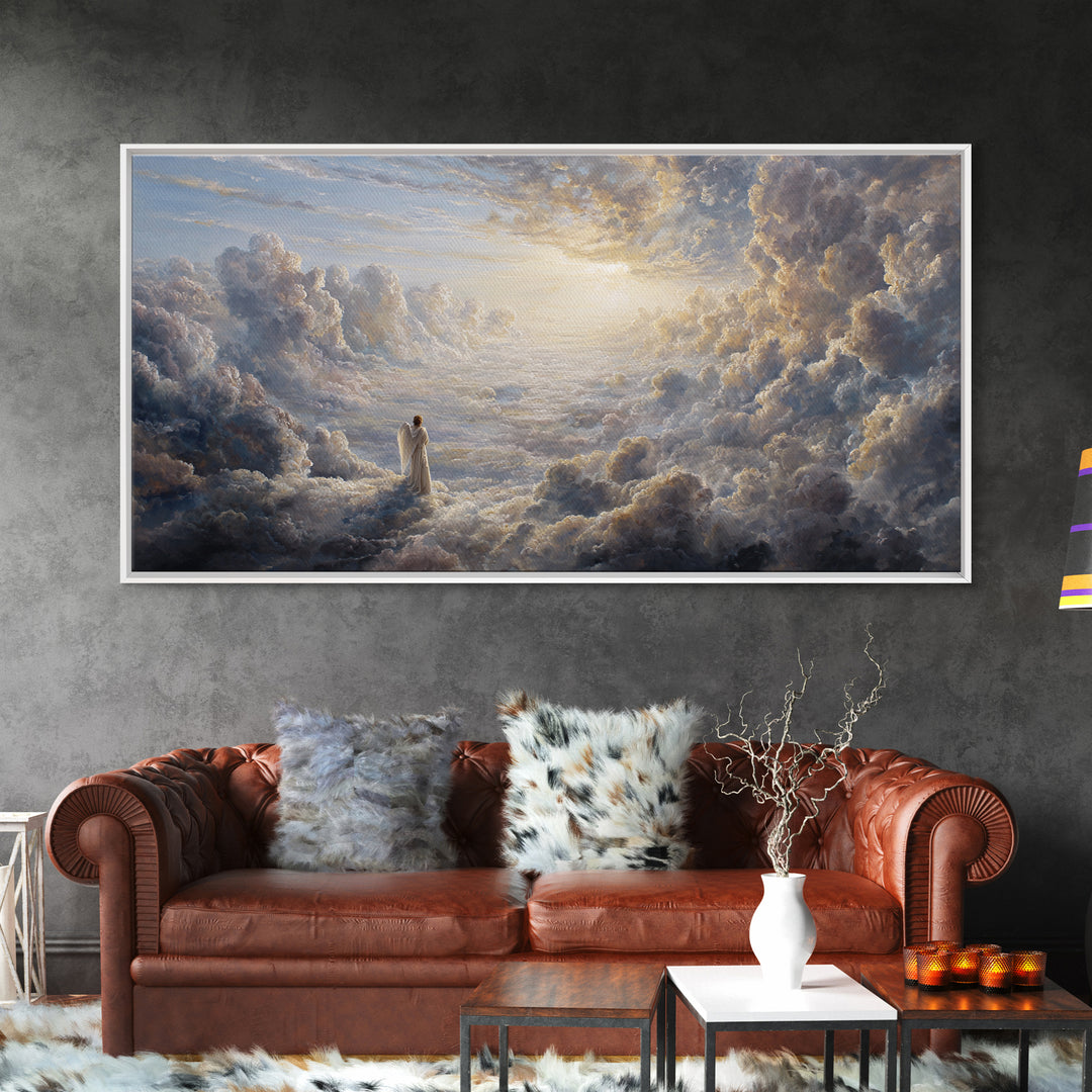 Radiant Angel In Heavenly Clouds Canvas Print, Christian Wall Art, Spiritual Home Decor, Peaceful Large Landscape Art Gift