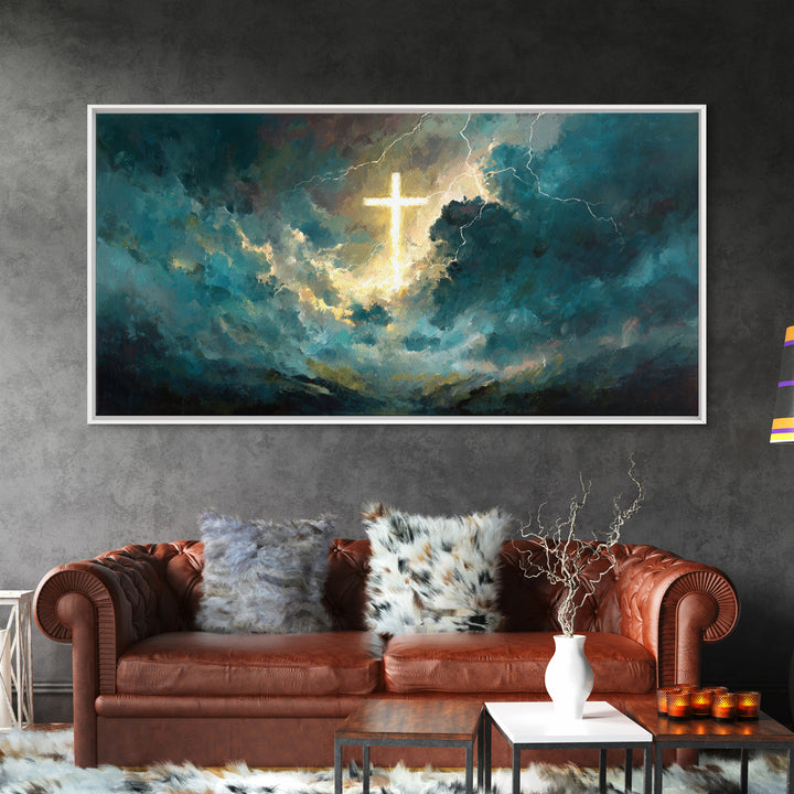 Glowing Cross In Storm Clouds Wall Art, Christian Canvas Print, Spiritual Decor, Modern Religious Living Room Wall Decor