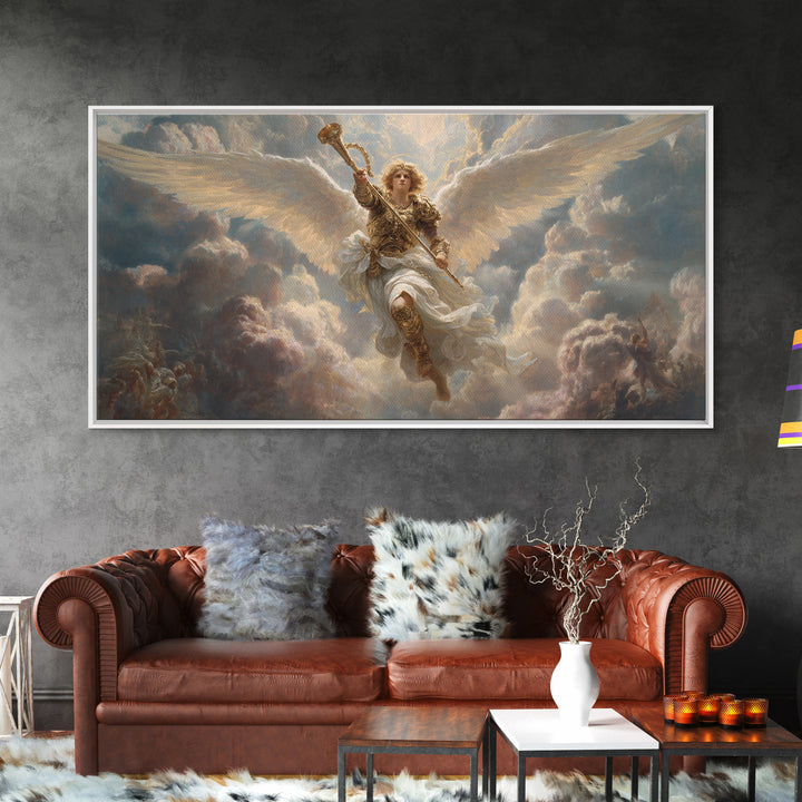 Archangel Trumpet In Stormy Clouds Canvas Print, Christian Wall Art, Religious Fine Art Print For Prayer Room Decor Gift
