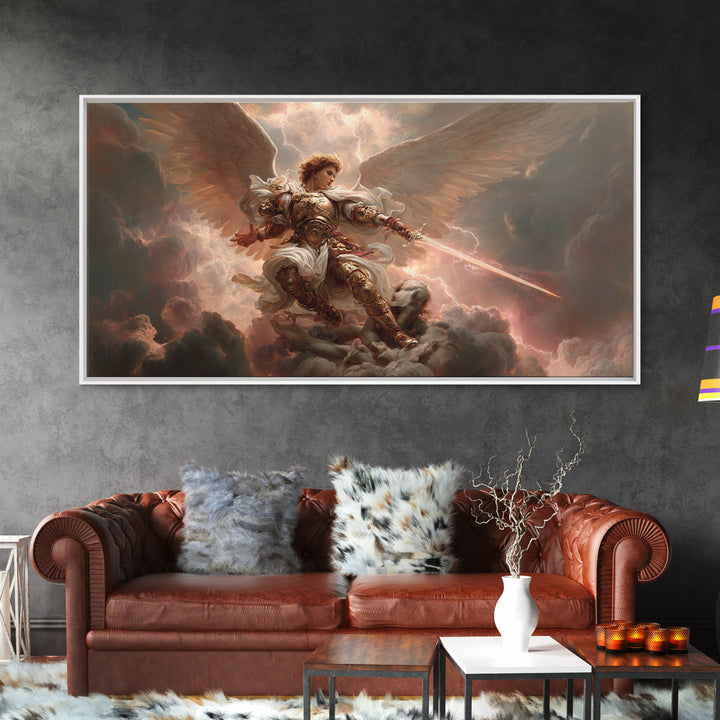 Archangel Warrior In Golden Clouds Wall Art, Christian Canvas Print, Angel Sword Fantasy Art, Spiritual Home Decor Gift For Him