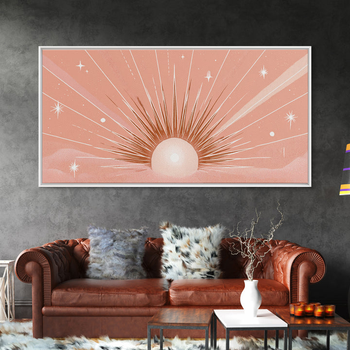 Radiant Peach Sunrise Wall Art, Celestial Sun Rays And Stars, Boho Canvas Print, Dreamy Nursery Decor, Calming Above Bed Art