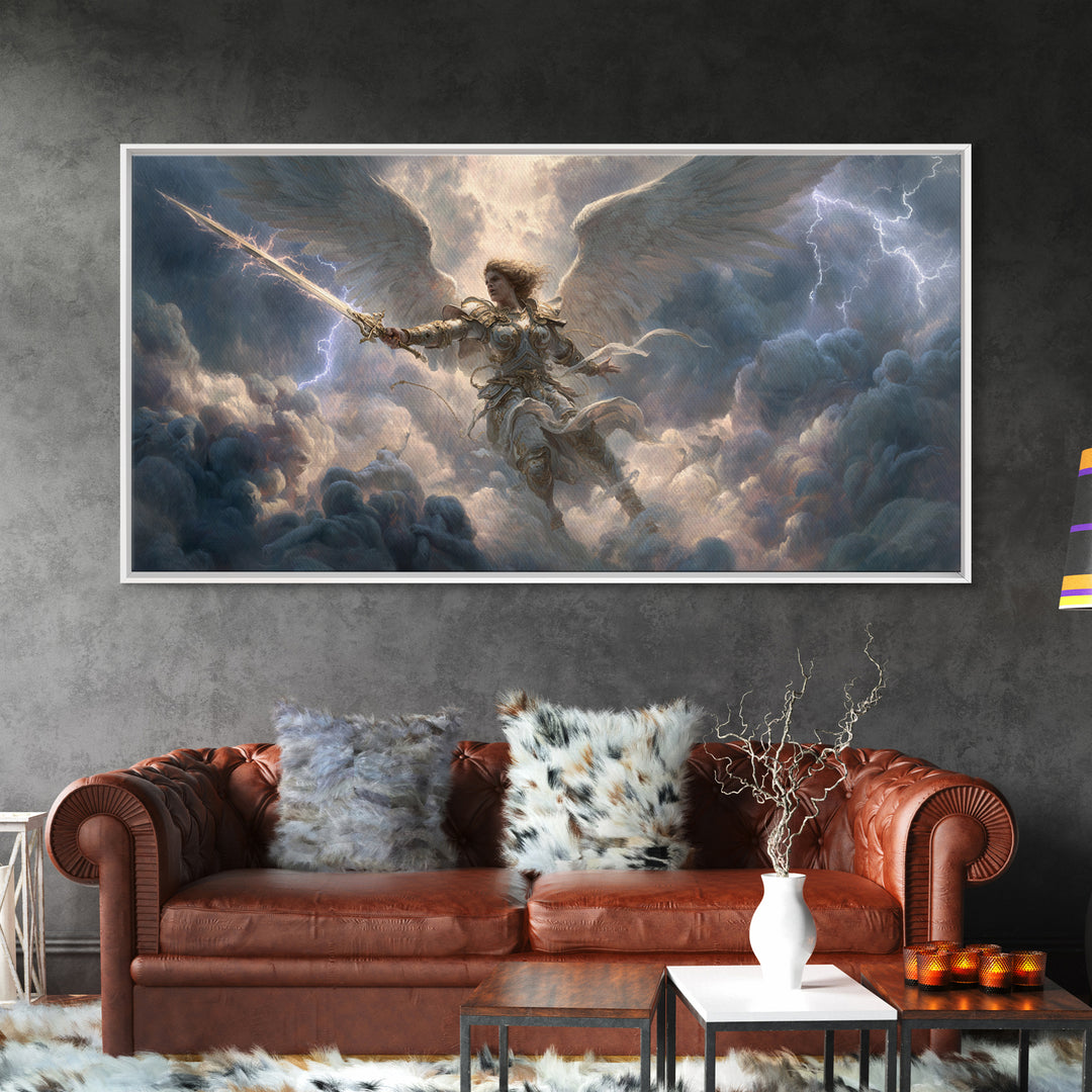 Warrior Angel With Sword Framed Canvas Print, Fantasy Wall Art, Christian Artwork, Storm Clouds, Gift For Him Or Her, Fine Art Print