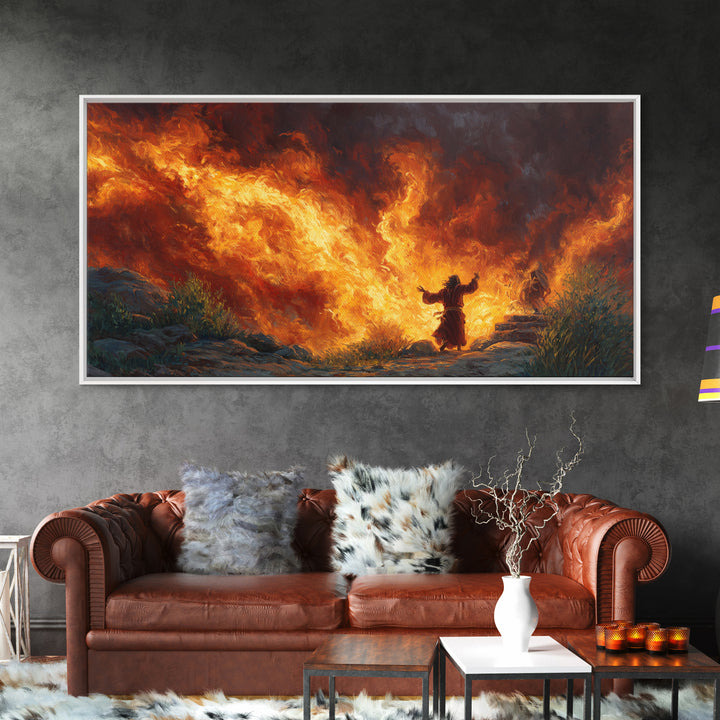 Prophet Before Roaring Flames Canvas Print, Biblical Fire Wall Art, Dramatic Spiritual Prayer Room Decor, Christian Gift For Him
